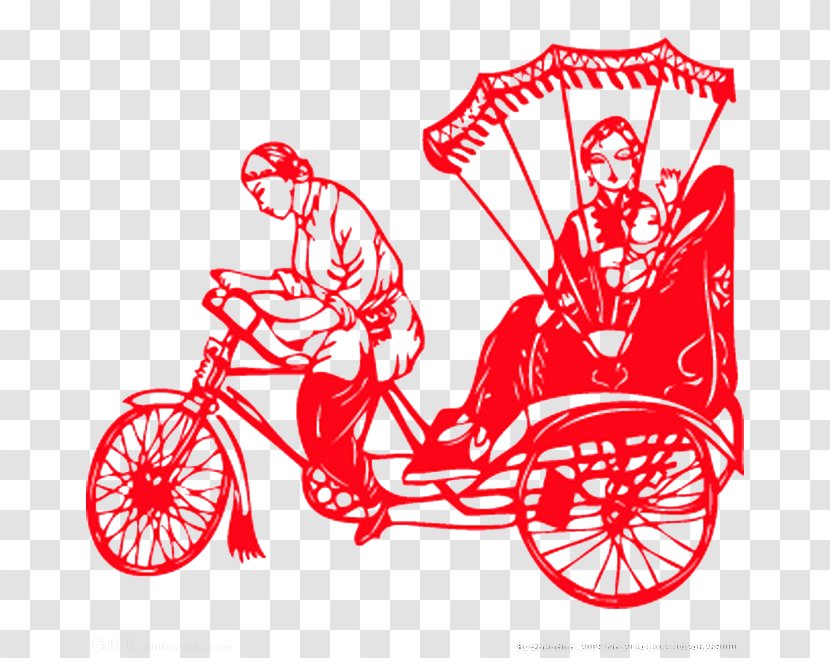 Beijing Papercutting Chinese Paper Cutting Work Of Art - Motor Vehicle - Red Tricycle Silhouette Figures Transparent PNG