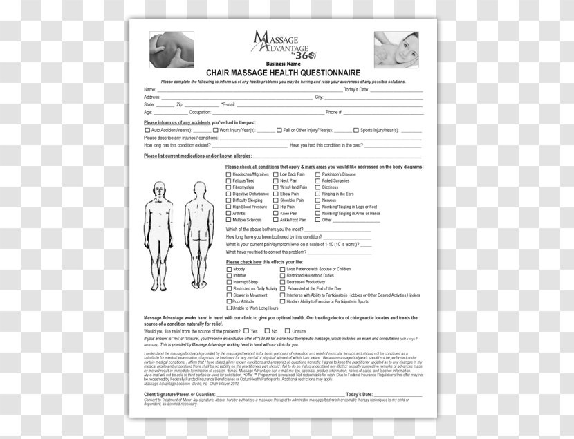 Massage Chair Health Form - Paper Product - Letter Of Appointment Transparent PNG