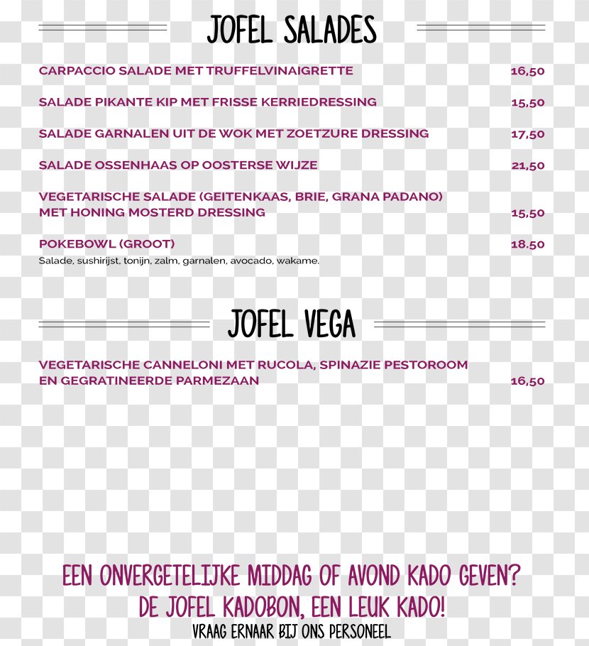 Eetcafe Jofel Bistro Document Menu - Wakame Transparent PNG