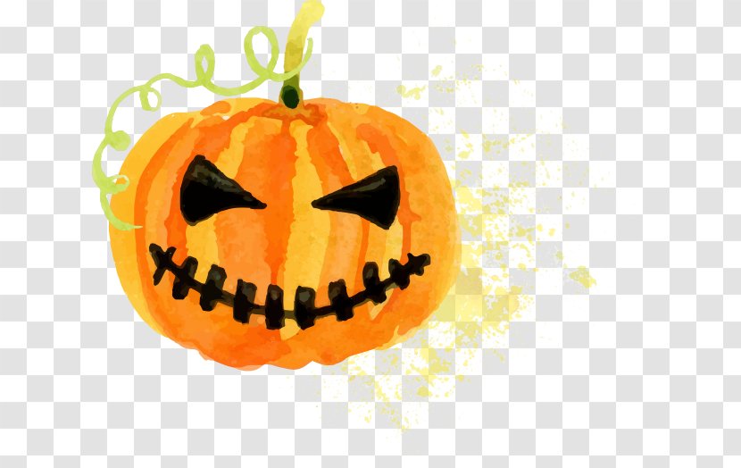 Calabaza Pumpkin Halloween Watercolor Painting - Jack O Lantern - Painted Face Transparent PNG