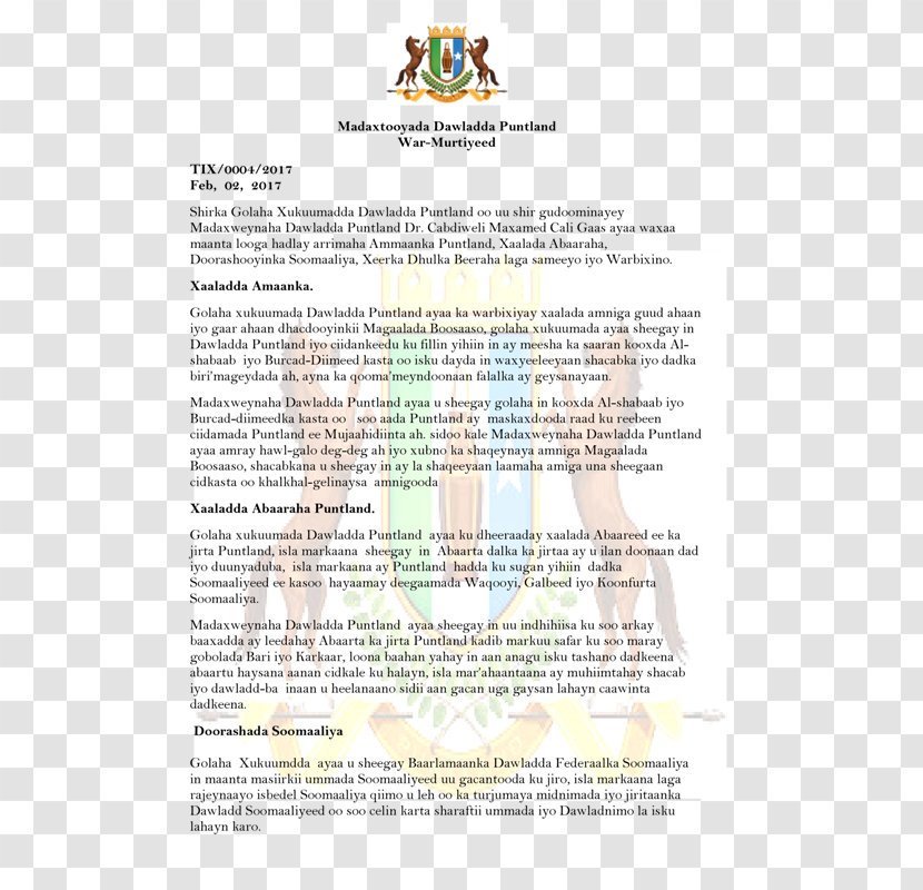 Garoowe Sool, Somalia Document Bra Puntland - Text Transparent PNG