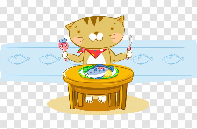 Cat Fish Cartoon Eating - Art - Hand-painted Took Knife And Fork Transparent PNG