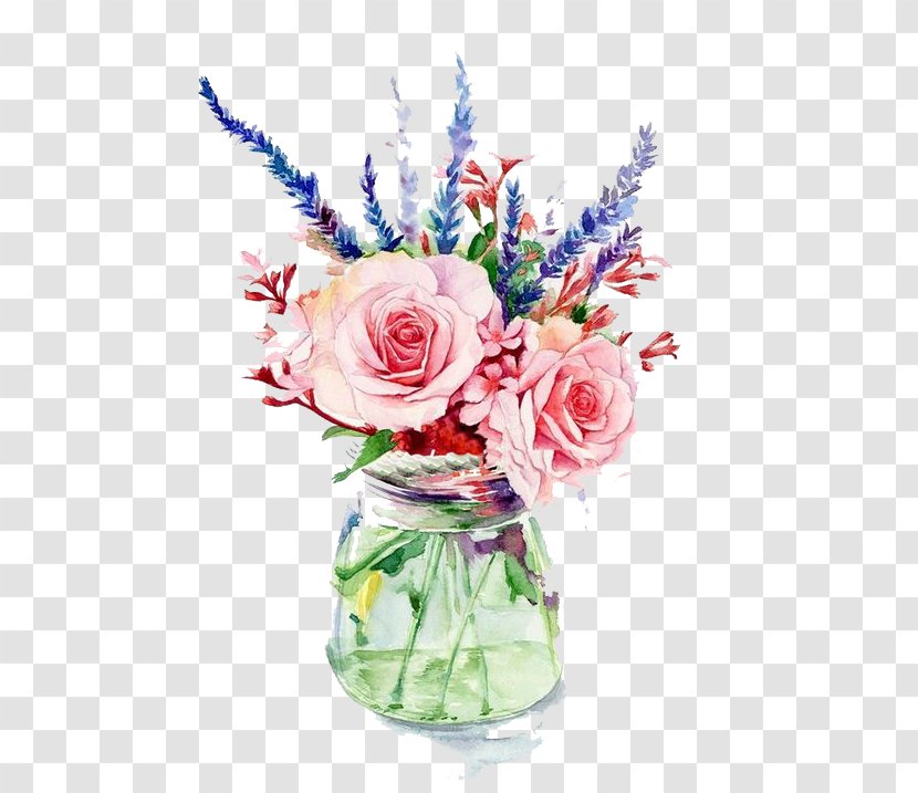 Garden Roses Vase Flower Watercolor Painting - Pink - Flowers Transparent PNG