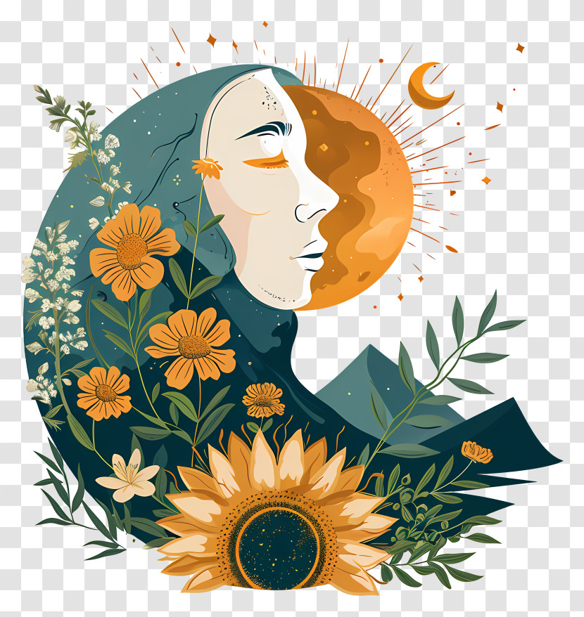 March Equinox - Moon With Face And Flowers Transparent PNG