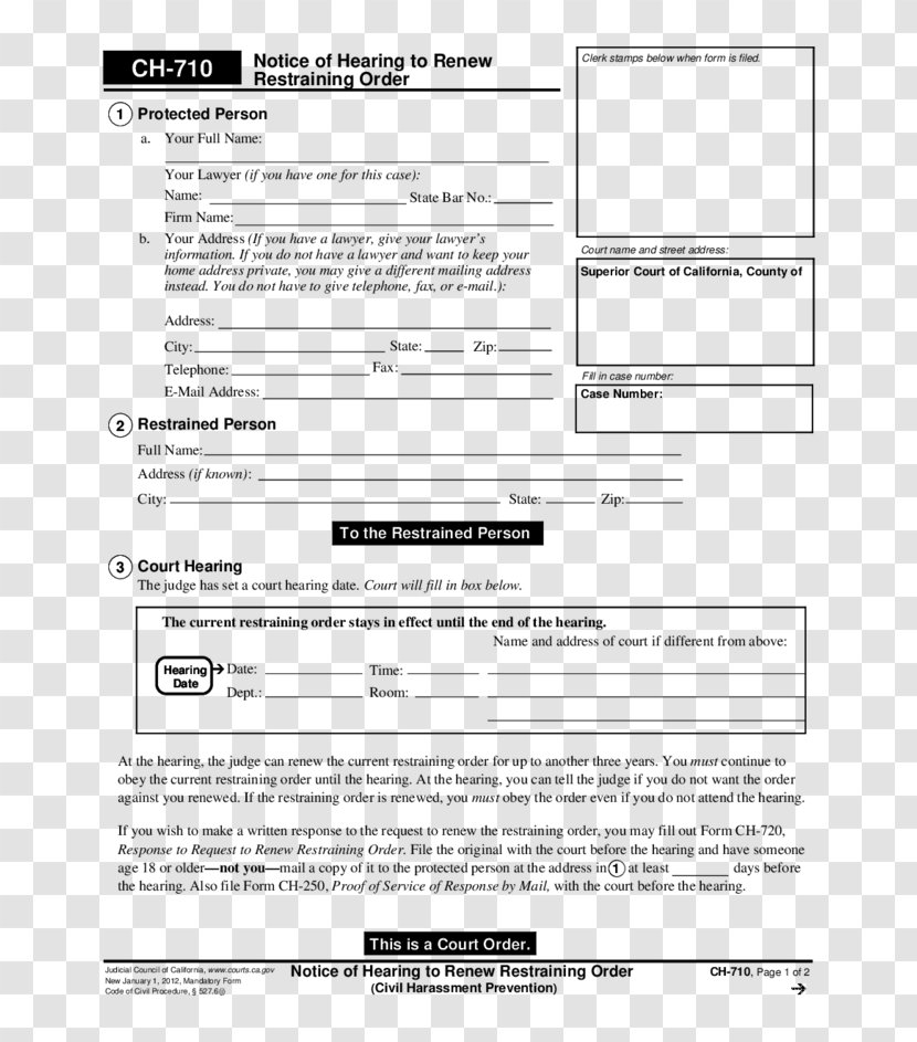 Document Civil Harassment Restraining Order Form Notice Of Hearing - FOrm Transparent PNG