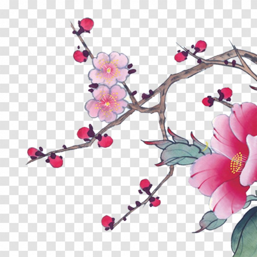 Chinoiserie Ink Wash Painting Illustration - Tree - Chinese Peach Blossom Transparent PNG