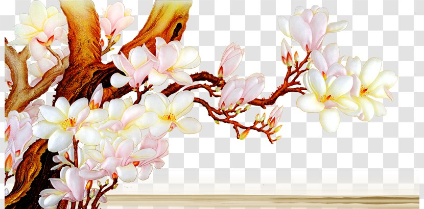 Wall Chinoiserie Mural Magnolia Denudata Painting - Ink Wash - Vector Peach Transparent PNG
