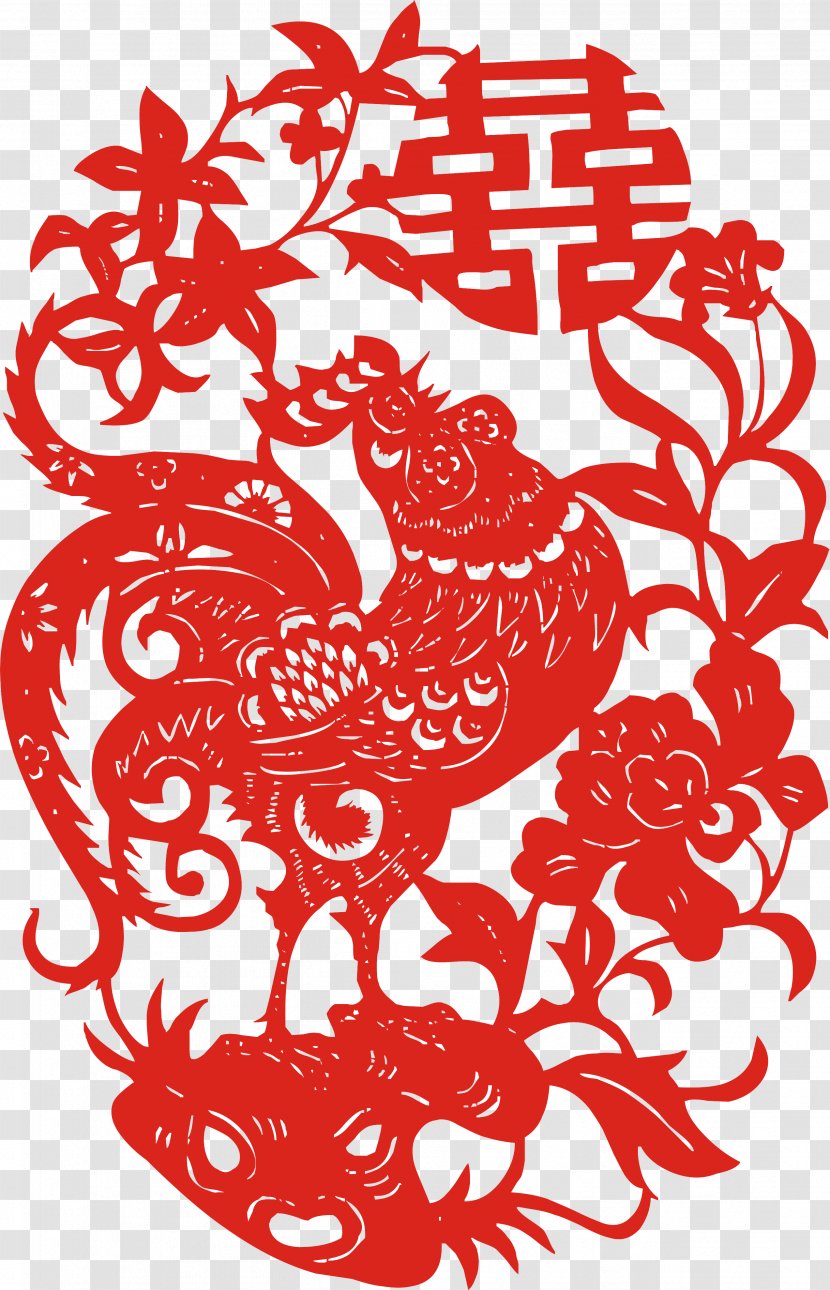 Chinese Paper Cutting Papercutting New Year Clip Art - Cartoon - Paper-cut Of The Rooster Transparent PNG