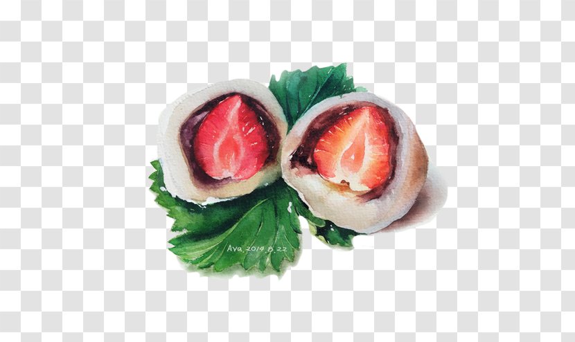 Daifuku Mochi Watercolor Painting Drawing Illustration - Comfort Food - Hand-painted Strawberry Sandwich Transparent PNG