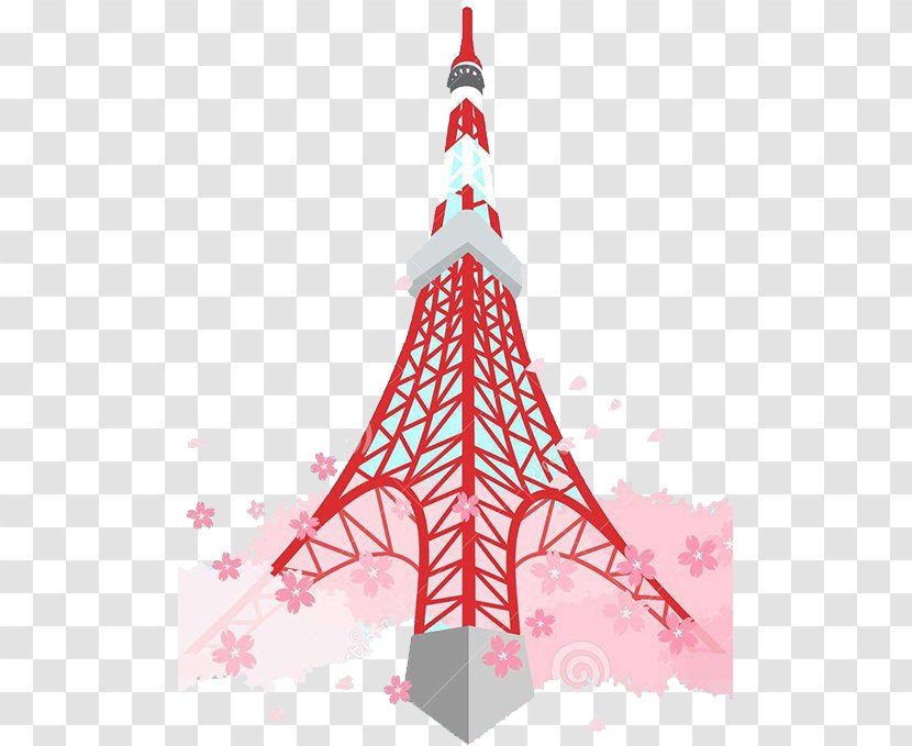 Tokyo Tower Skytree Illustration - Christmas - Red Cherry Blossom Flat Transparent PNG