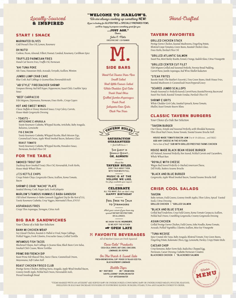 Menu Take-out Marlow's Tavern Restaurant Food - Text Transparent PNG