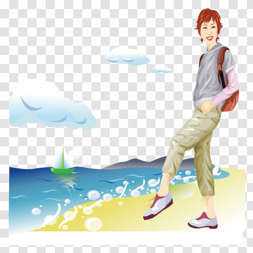 Euclidean Vector Cartoon Illustration - Watercolor - Beach Woman With Short Hair Transparent PNG