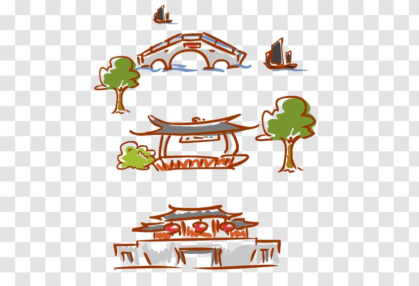 Cartoon Landscape Drawing - Area - Hand-painted Vintage Building Transparent PNG