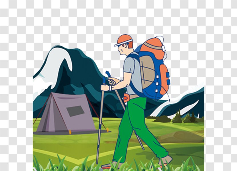 Backpacking Cartoon Illustration - Lawn - Backpack Man Transparent PNG