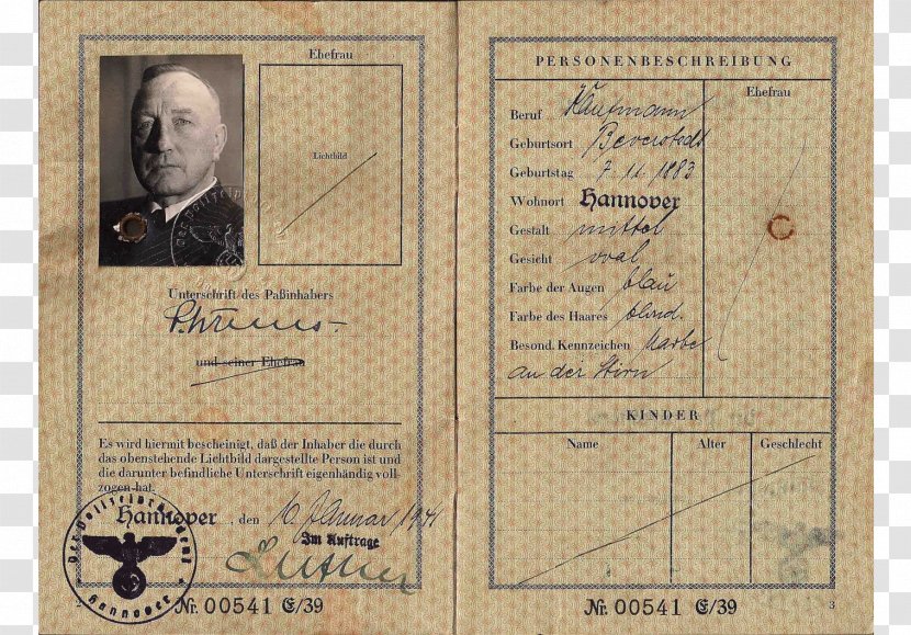 Identity Document German Passport Second World War Travel Transparent PNG