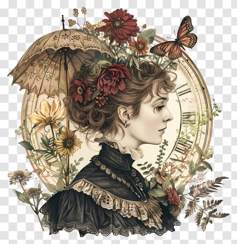 Cherish An Antique Day - Vintage Lady Illustration With Flowers And Clock Transparent PNG