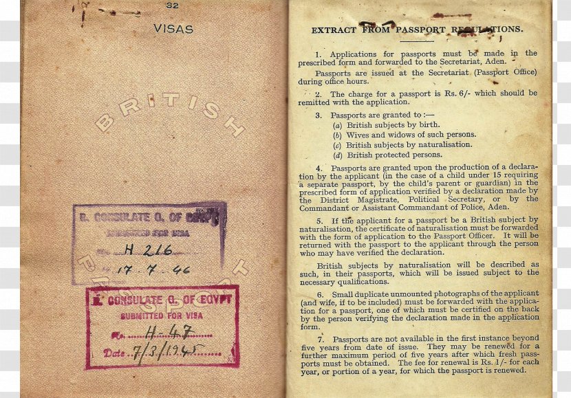 Colony Of Aden Passport British Protected Person Travel Document - Colonialism Transparent PNG
