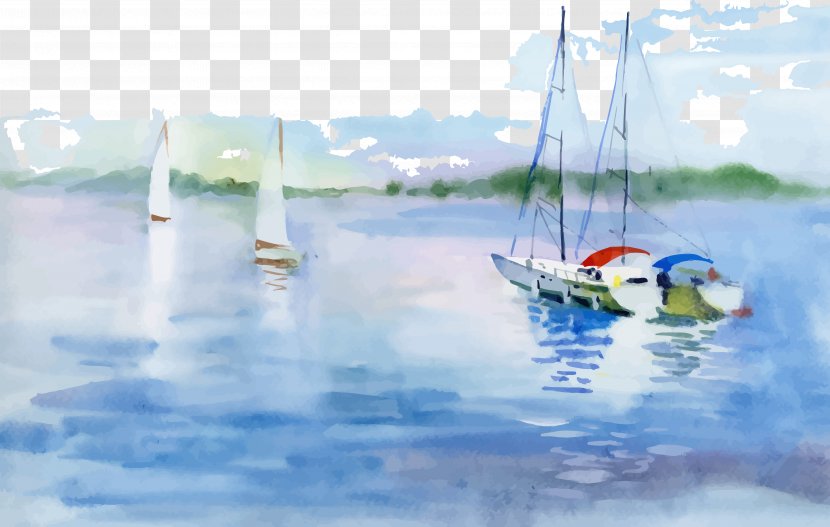 Watercolor Landscape Painting Boat Illustration - Beautiful Lake Transparent PNG