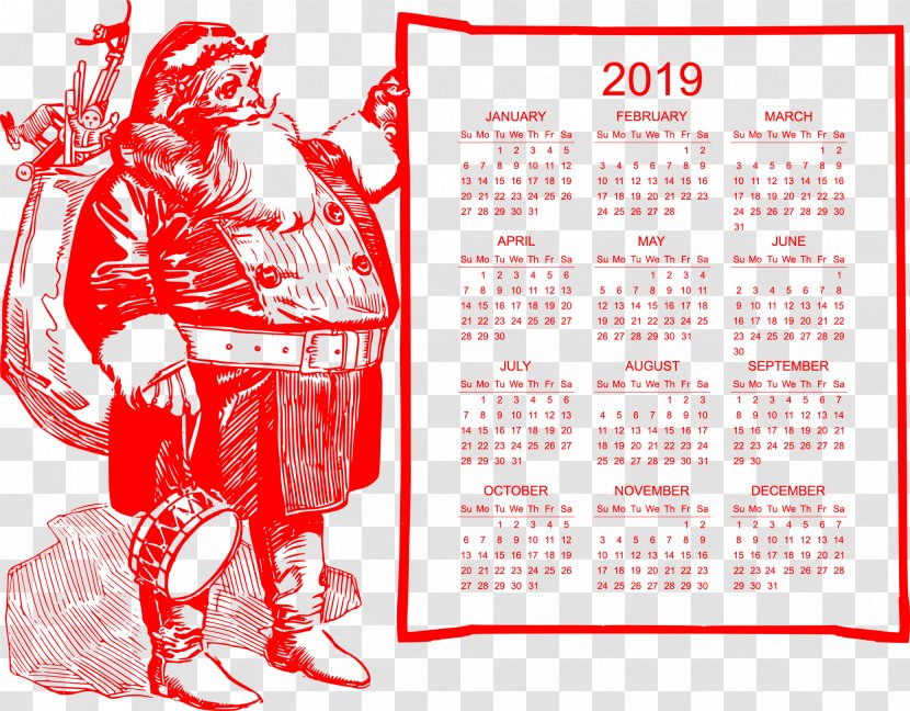 2019 Red Calendar Christmas Fat Santa. - Area - Brand Transparent PNG