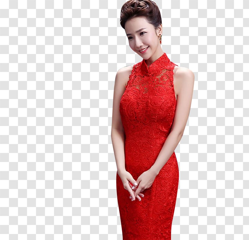 Wedding Dress Cheongsam Sleeveless Shirt - Flower - Red Lace Transparent PNG