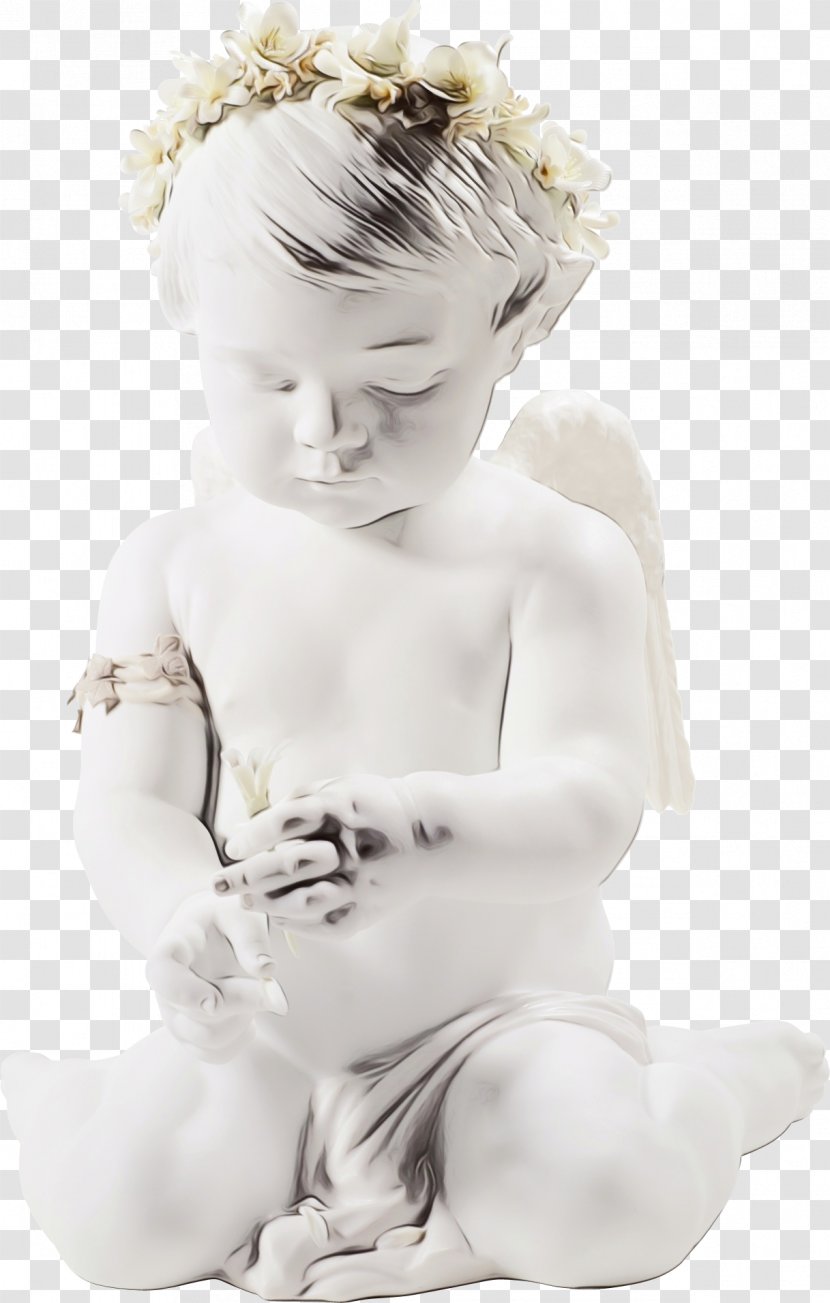 White Figurine Angel Child Sitting - Wet Ink - Statue Fictional Character Transparent PNG