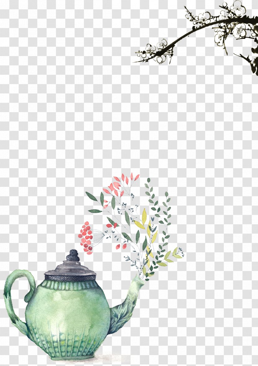 Teapot Watercolor Painting Printmaking Illustration - Cup - Floral Border Transparent PNG