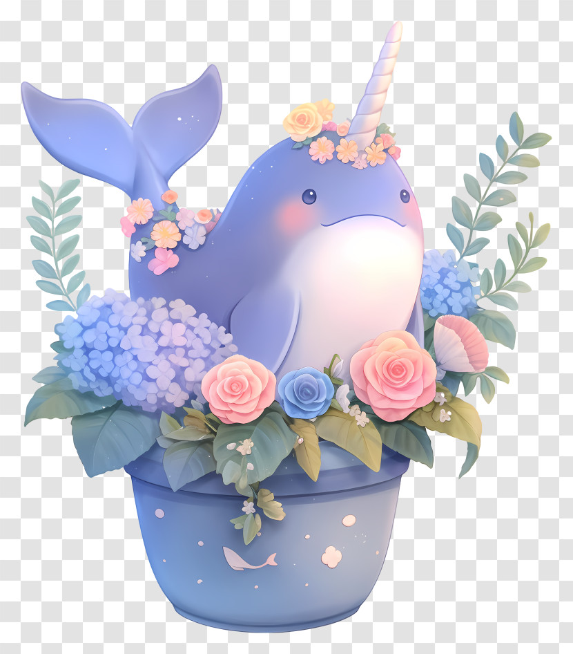 Cute Pastel - Potted Narwhal With Flowers Transparent PNG