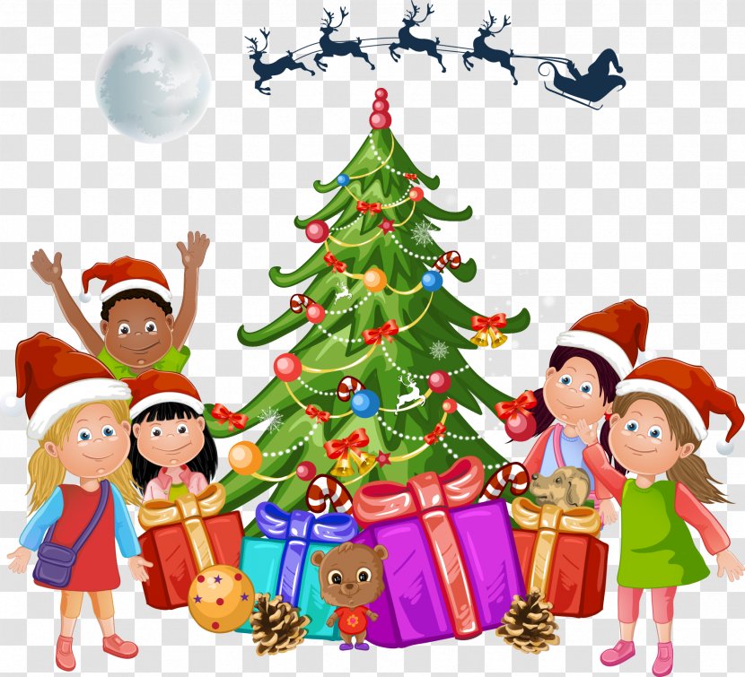 Cartoon Christmas Tree Next To The Children - Decoration Transparent PNG