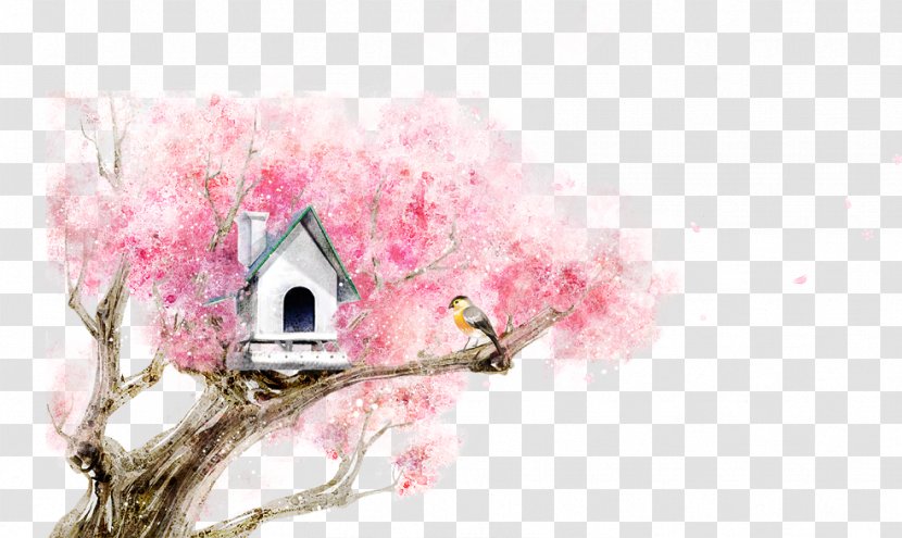 Watercolor Painting Fukei Cartoon Landscape Illustration - Branch - Hand-painted Cherry Tree Transparent PNG