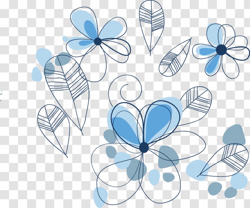 Vector Blue Line Drawing Flowers - Creativity - Moths And Butterflies Transparent PNG