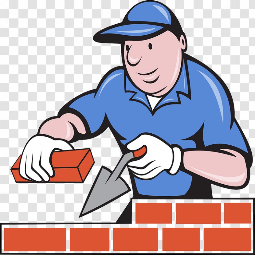 Bricklayer Freemasonry Clip Art - Finger - A Cartoon Illustration Of Building Worker On Cut Square Brick Wall Transparent PNG