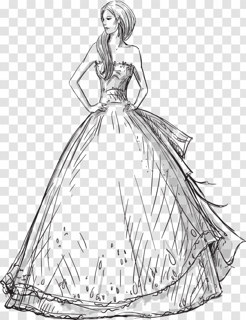 Outline sketch of a beautiful ball gown on Craiyon