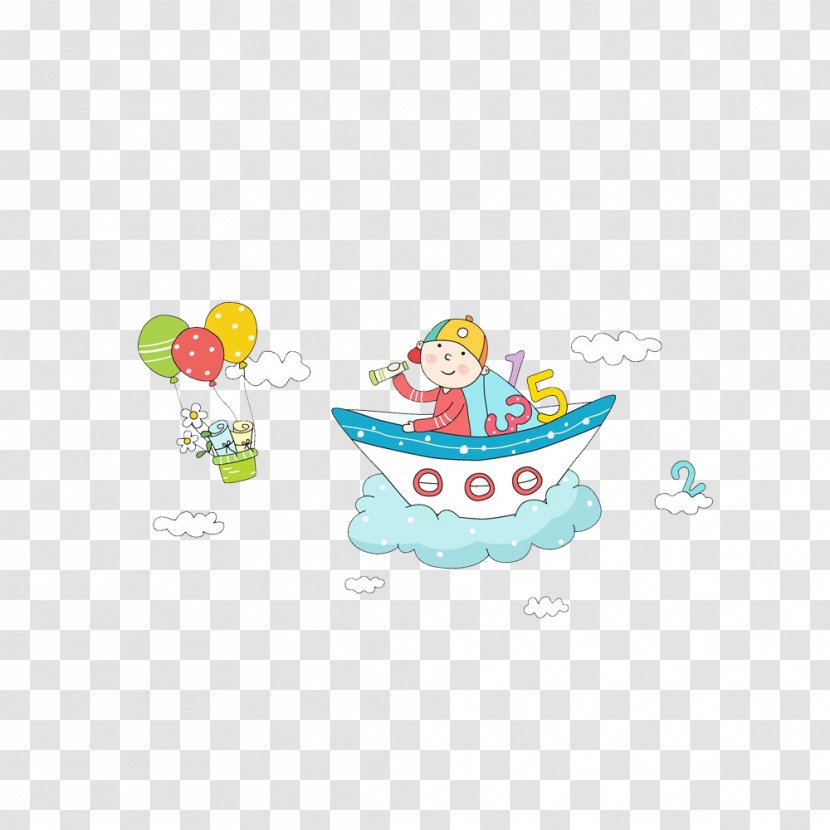 Child Cartoon - Art - Boat And Children's Balloons Transparent PNG