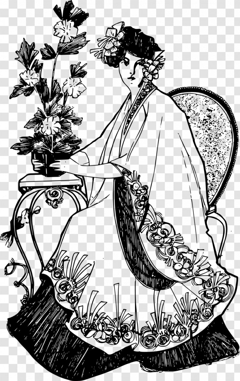Flower Black And White Woman Clip Art - Monochrome - Kimono Transparent PNG