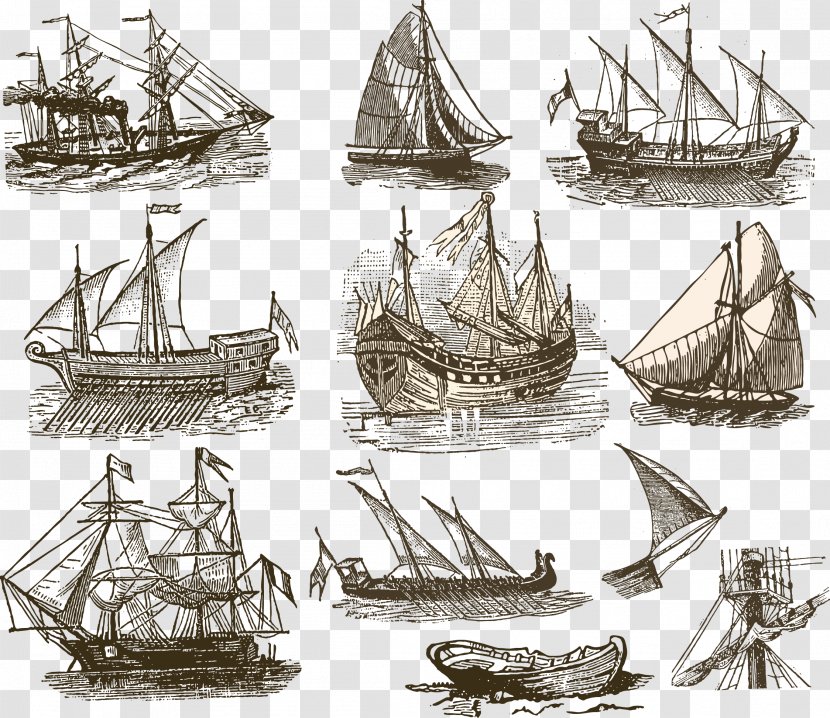 Sailing Ship Watercraft - Galeas - Vector Hand Painted Retro Boat Transparent PNG