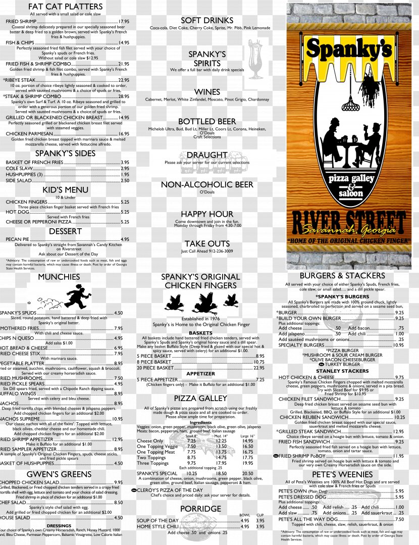Spanky's Pizza Galley & Saloon Bar East River Street Menu Paper Transparent PNG