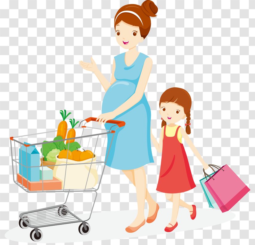 Shopping Cart Mother Clip Art - Toddler - Cartoon Pregnant Women And Children To Buy Food Scene Transparent PNG