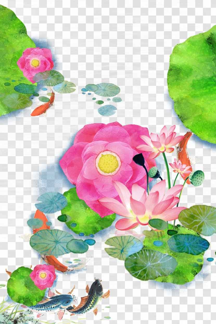Koi Watercolor Painting Download - Flora - Chinese Wind Lotus Flowers Carp Transparent PNG