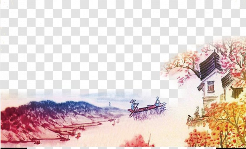 Qingming Ink Wash Painting Poster Shan Shui - Sky - Ink,Fishing Boat People,Mood Background Transparent PNG