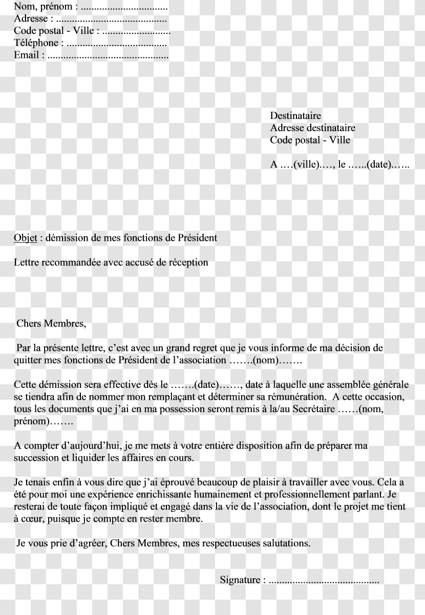 Document Démission En Droit Français Letter Association Loi De 1901 Voluntary - Freedom Of - Attestation Transparent PNG