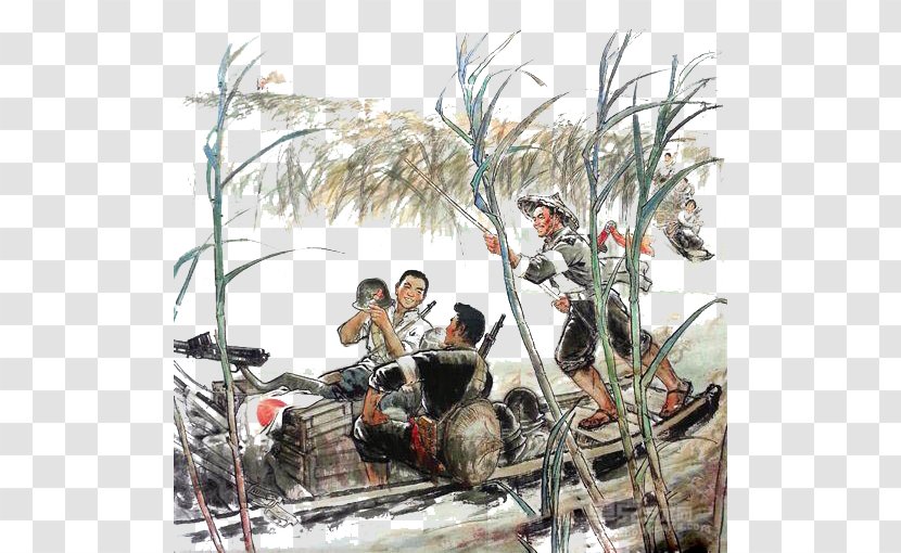 Reed Marshes Second Sino-Japanese War Chinese Painting Red Army - Ink Wash - Rowing In Transparent PNG