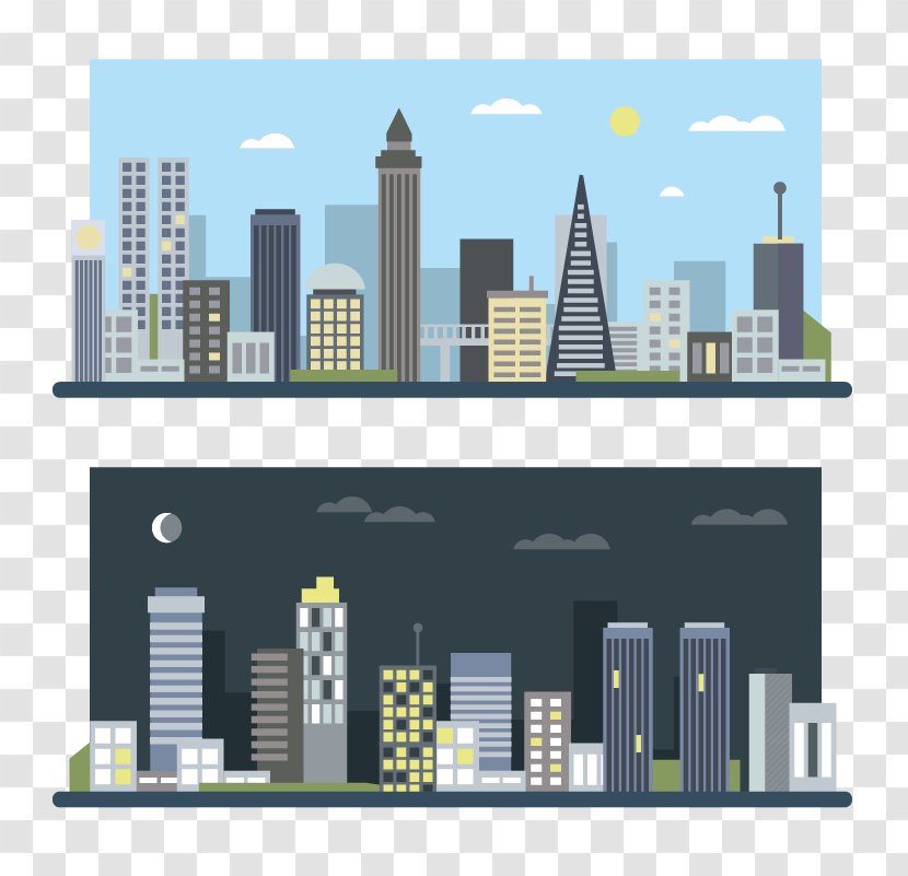 The Architecture Of City Illustration - Night - Day And Vector Material Transparent PNG
