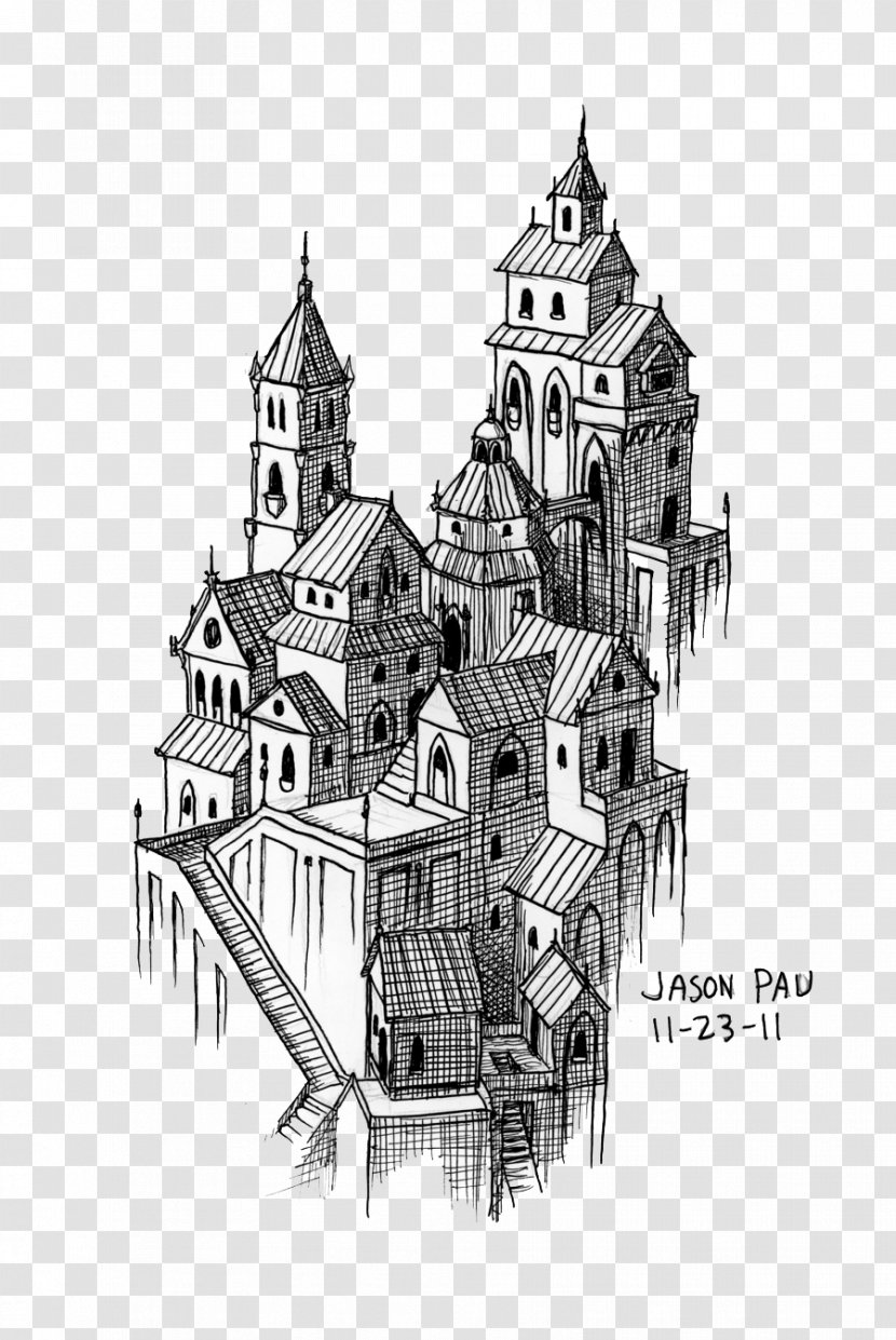 Drawing Sketch - Black And White - Fantasy City Image Transparent PNG