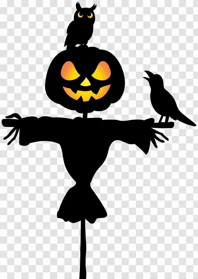 Drawing Halloween Clip Art - Silhouette - Scarecrow With Owl And Raven Image Transparent PNG
