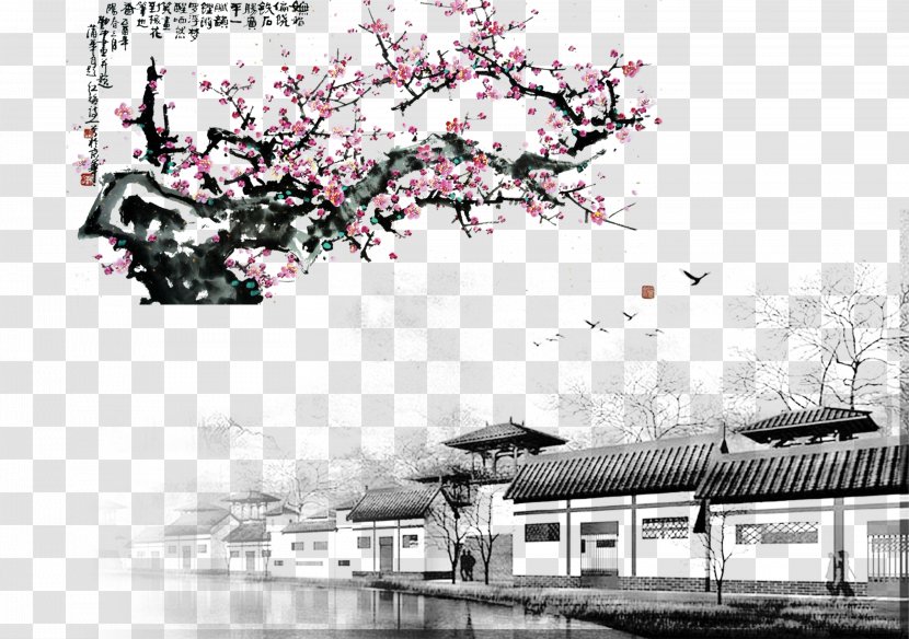 Plum Blossom Download Ink Wash Painting - Monochrome Photography - Beautiful Ancient Customs And Orderly Construction Of Jiangnan Water Town Transparent PNG