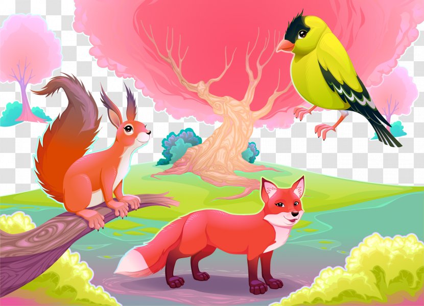 Cartoon Funny Animal Theatrical Scenery Illustration - Parrot Squirrel And Fox Transparent PNG