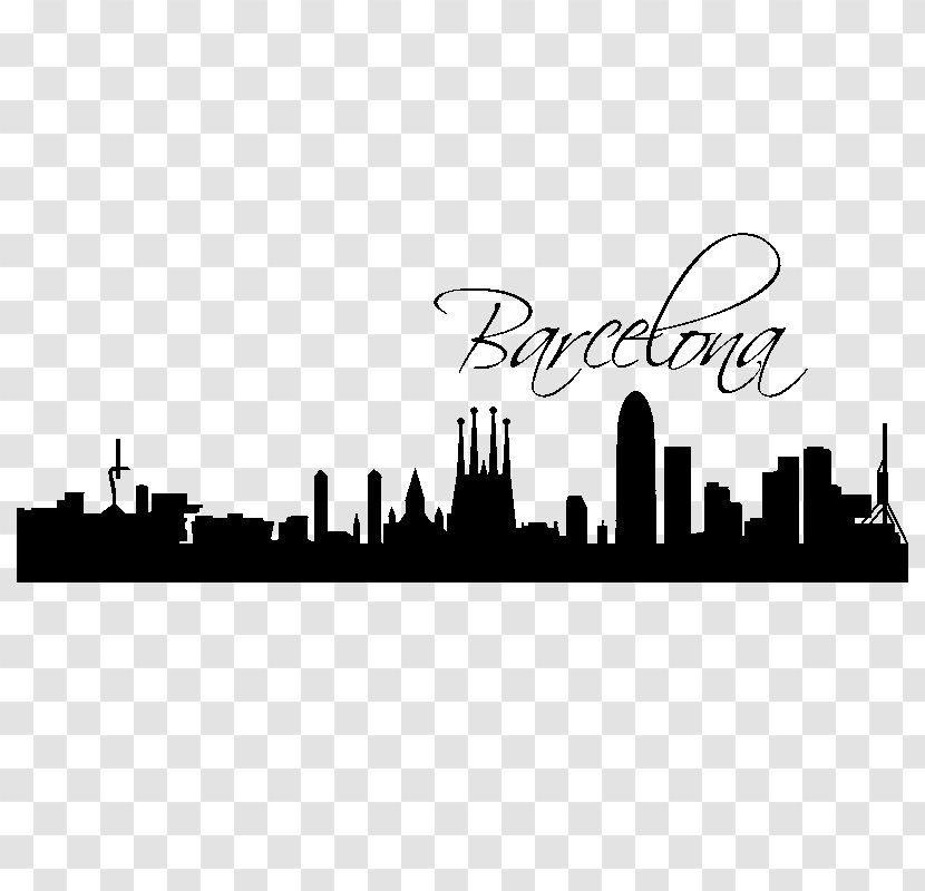 Barcelona Skyline Wall Decal Poster - Black And White - Silhouette Transparent PNG