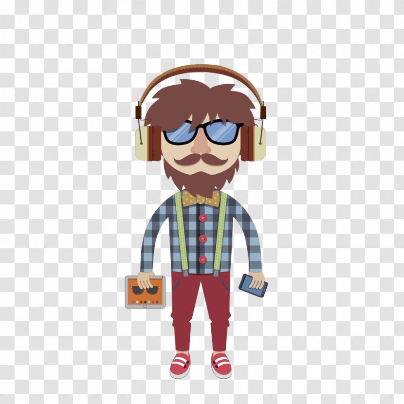 Royalty-free Boy Illustration - Glasses - Holding A Tablet And Cell Phone With Headset Transparent PNG