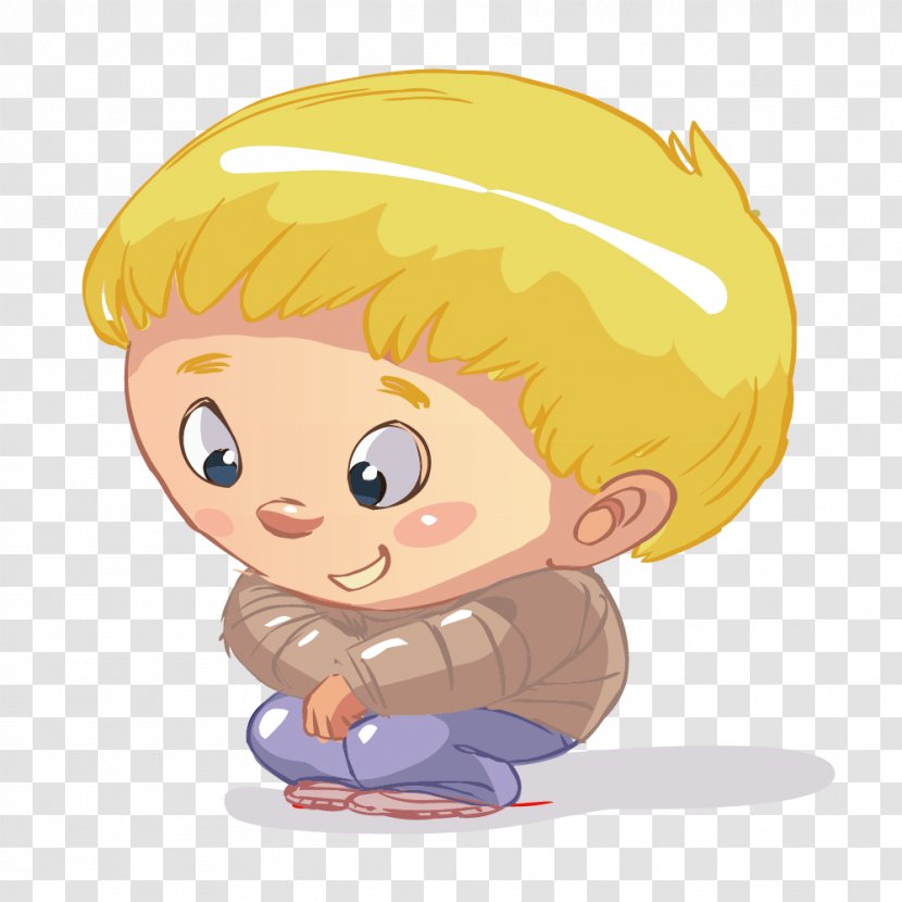 Drawing Cartoon Illustration - Head - Yellow Haired Boy Squatting Transparent PNG