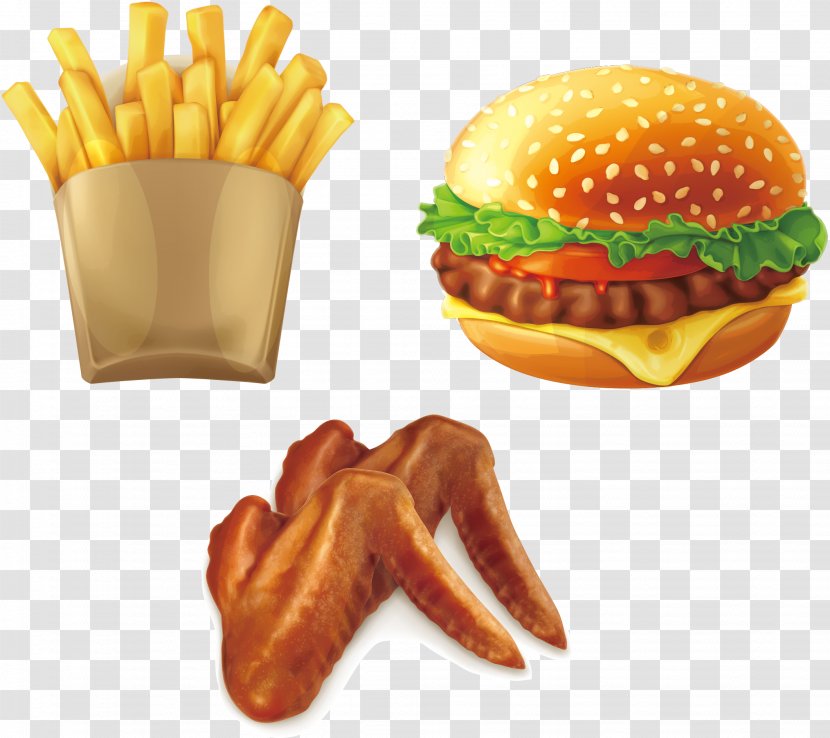 Hamburger Buffalo Wing Fast Food Barbecue Chicken Roast - Cheeseburger - French Fries And Wings Transparent PNG